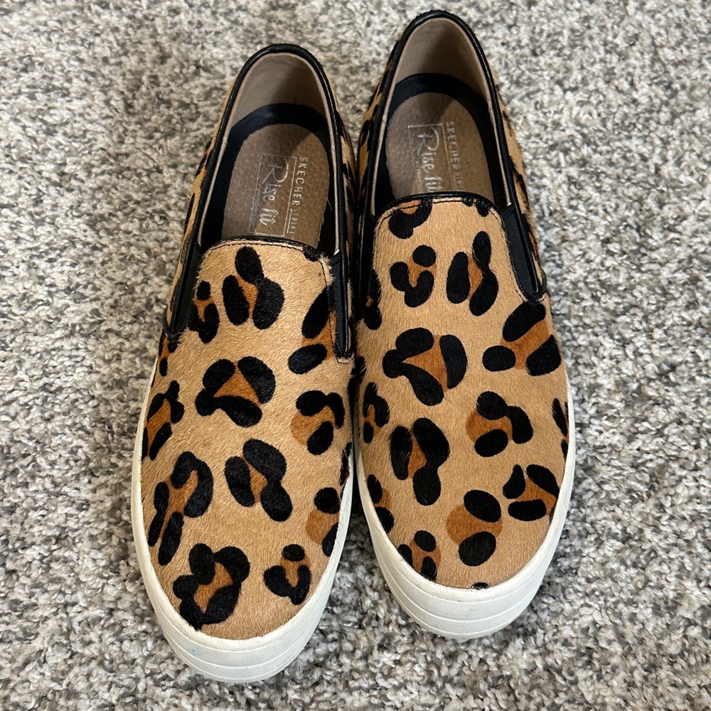 Genuine Calf Hair Leather Leopard Print Slip-On Rubber Sole Flatform Shoes